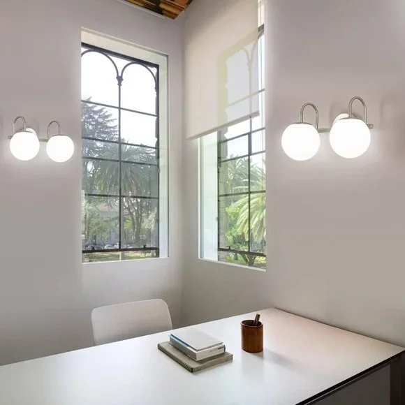 Brushed Nickel Modern Bathroom Vanity Light with White Milk Glass Globes - Picture 5 of 7